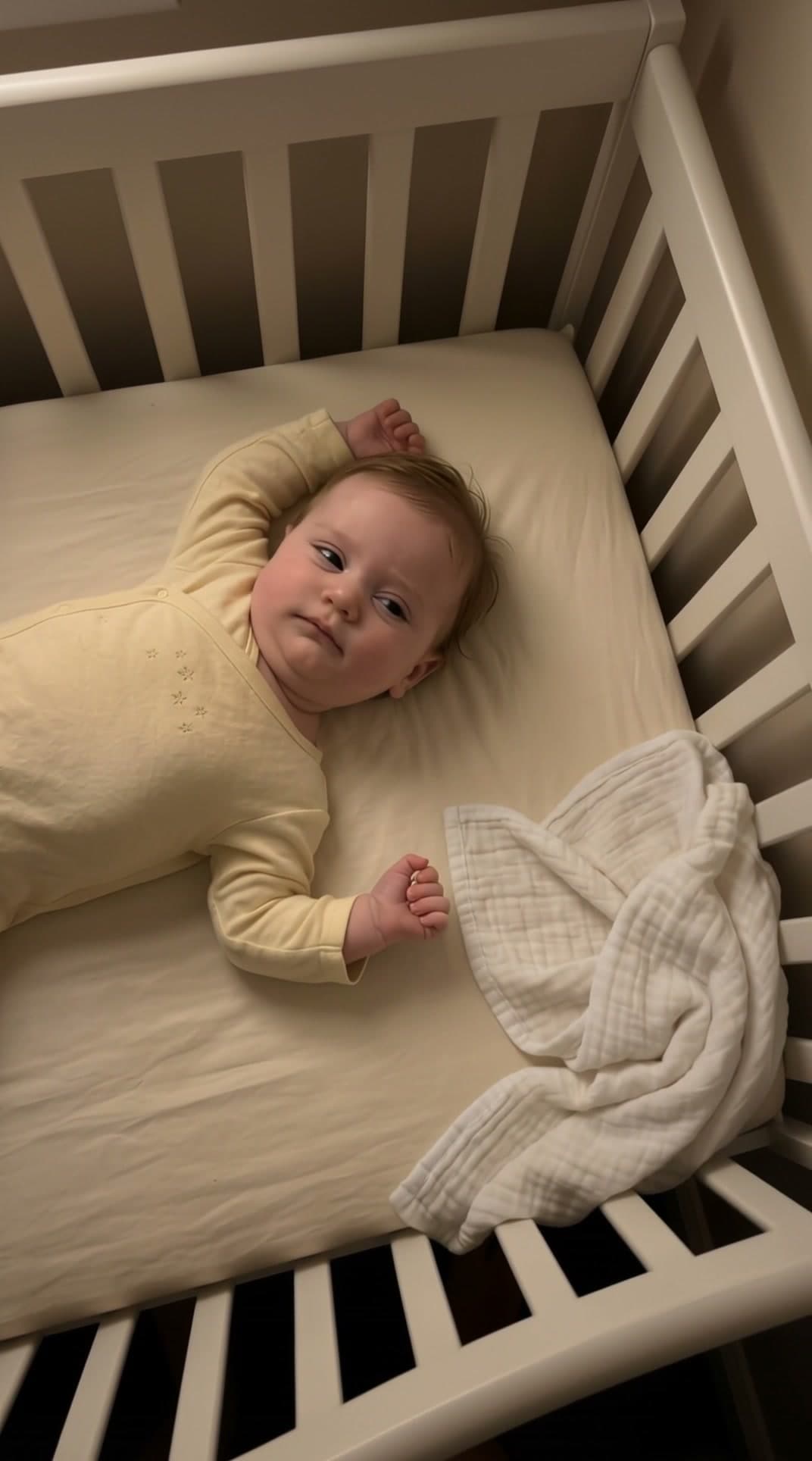 Top-down view of a baby drifting off in a crib — sample of Tuck's nursery feed