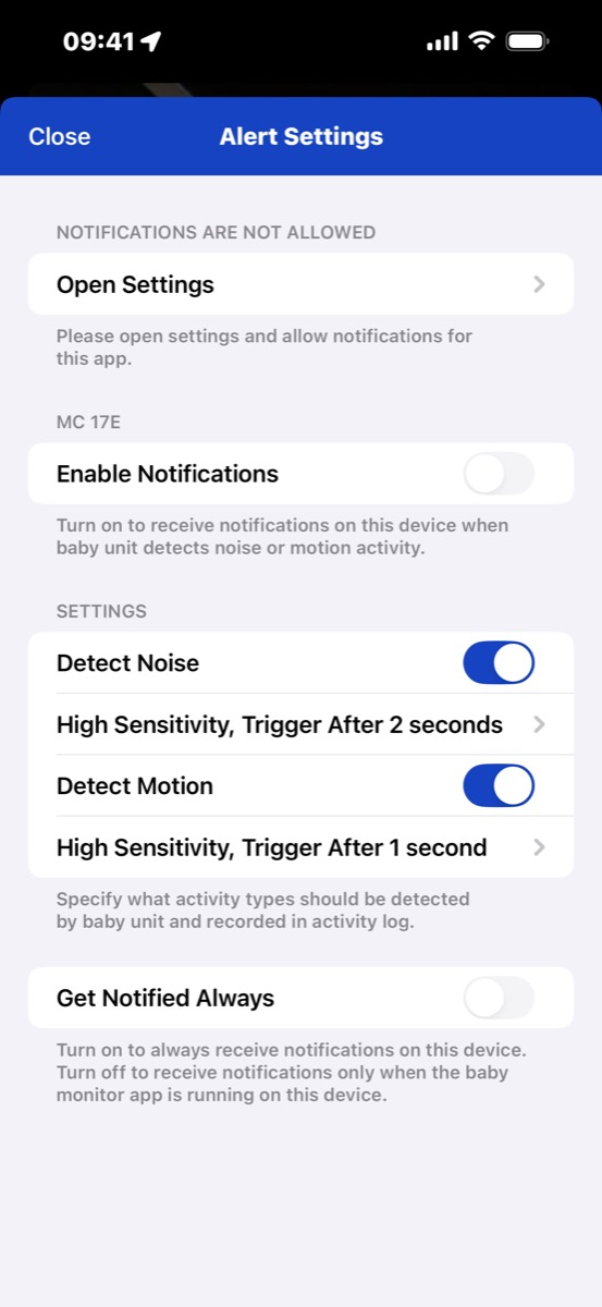 Cloud Baby Monitor alert settings with motion and noise detection toggles