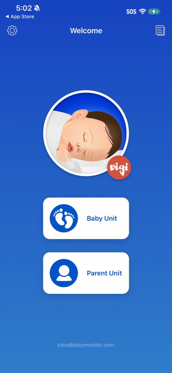 Cloud Baby Monitor's home screen with Baby Unit and Parent Unit options