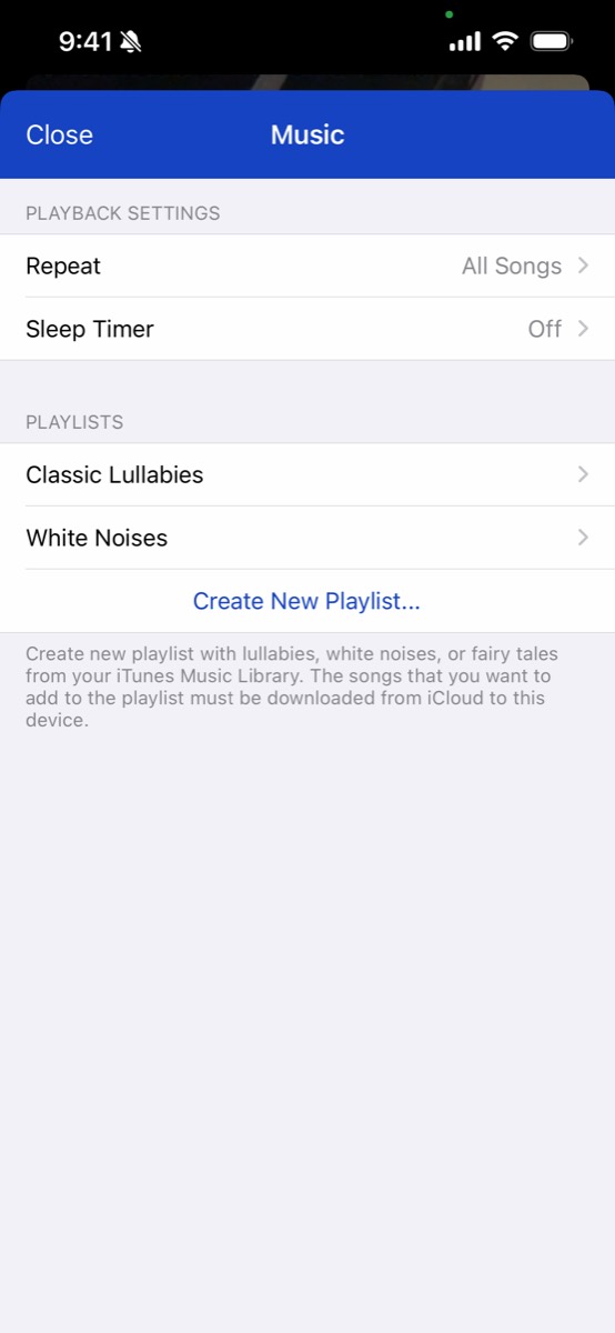Cloud Baby Monitor's music screen showing classic lullabies, white noise, and a sleep timer