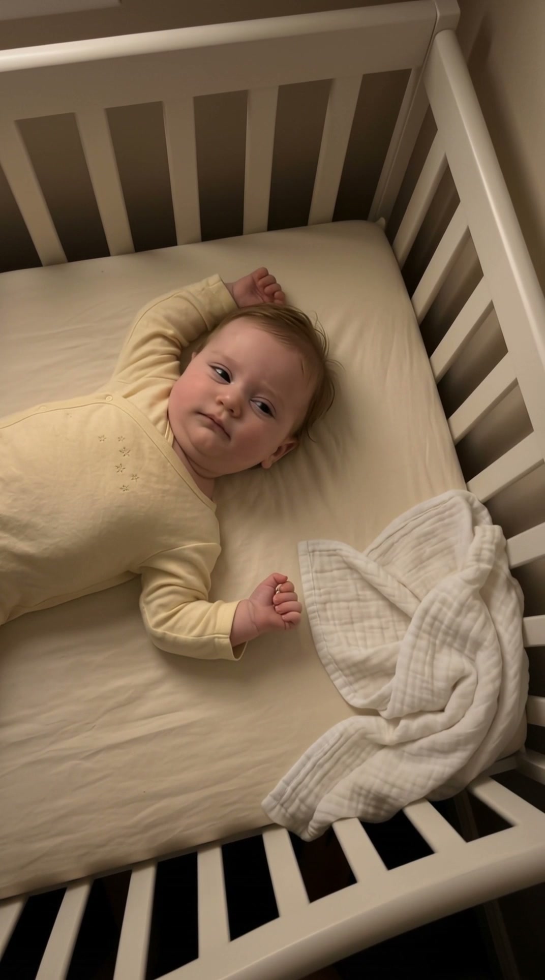 A baby drifting off to sleep in a crib, eyes drooping