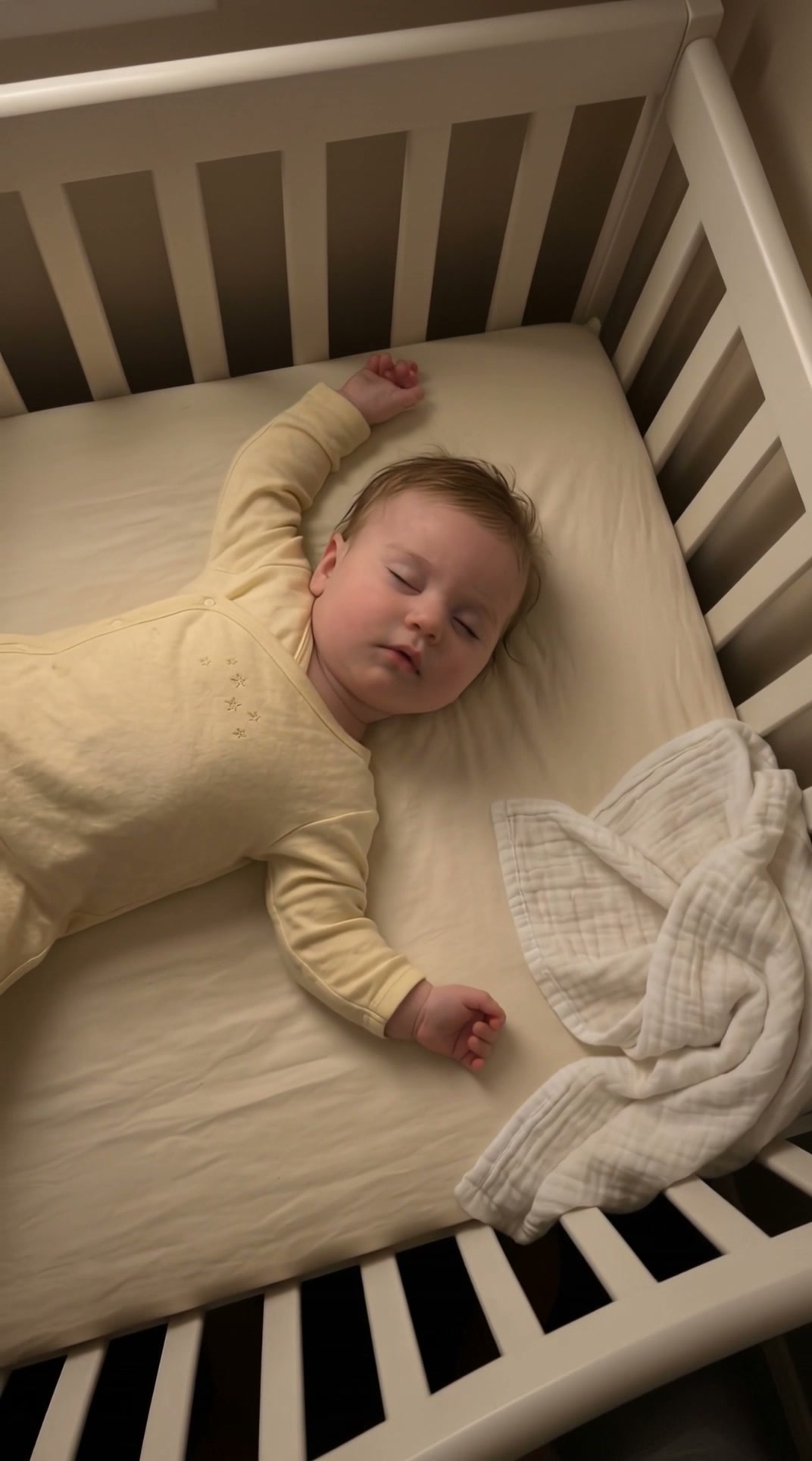 A baby drifting off to sleep in a crib